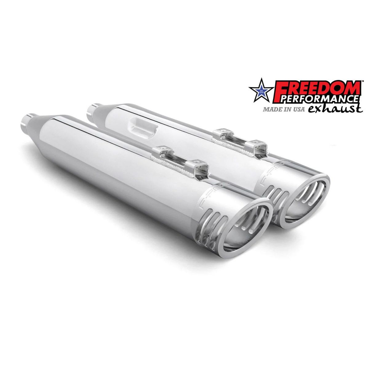 M8ソフテイル トゥルーデュアルエキゾースト用 4インチ スリップオンマフラー レーシング (クローム) フリーダムパフォーマンス2