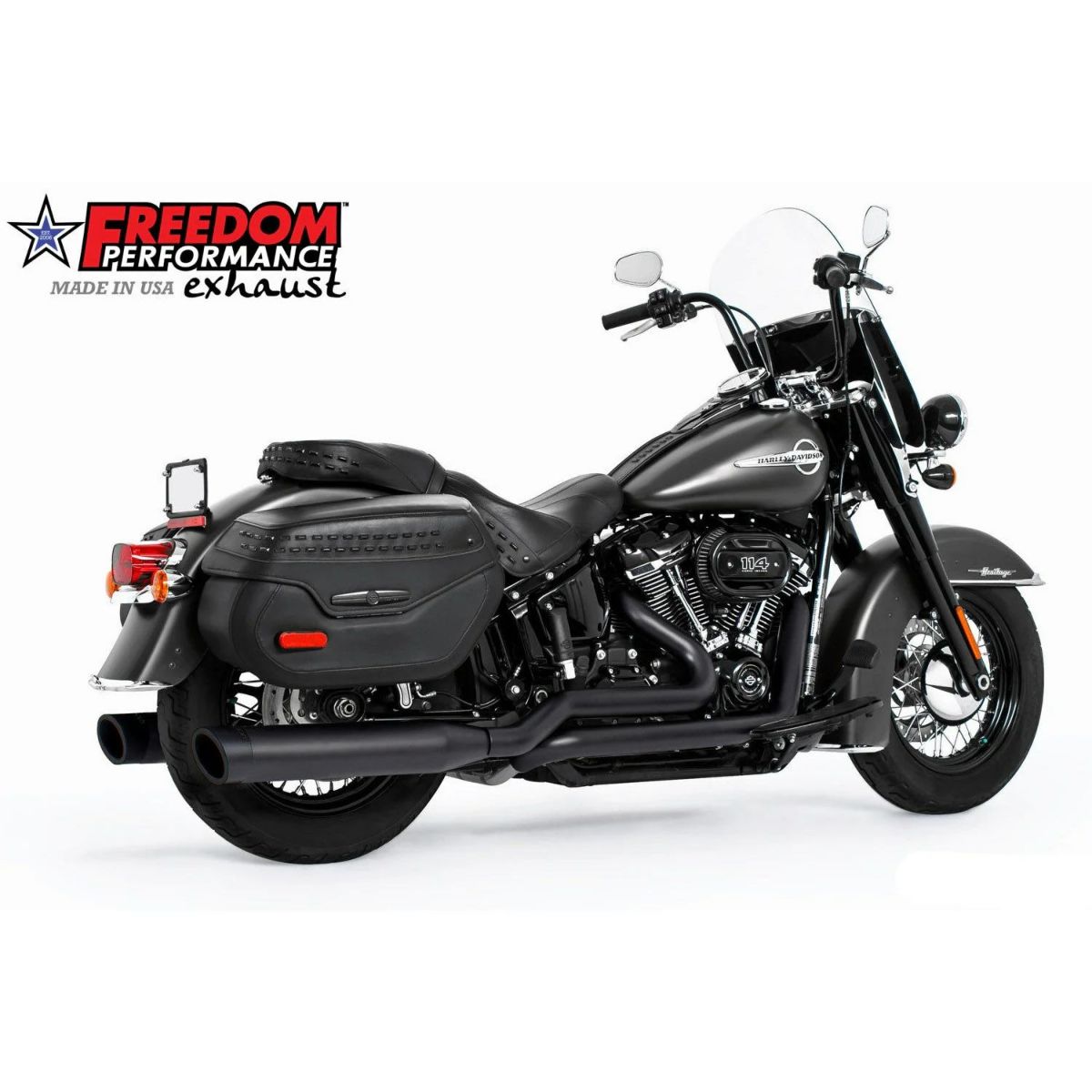 M8ソフテイル トゥルーデュアルエキゾースト用 4インチ スリップオンマフラー スラッシュ (ブラック) フリーダムパフォーマンス3