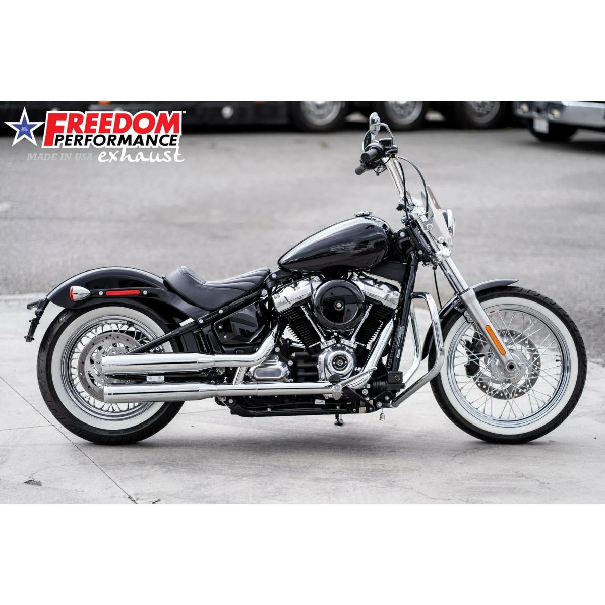 M8 ストリートボブ、ローライダー/S/ST、ブレイクアウト、ファットボーイ 3.25インチ スリップオンマフラー ストレート (クローム) フリーダムパフォーマンス4