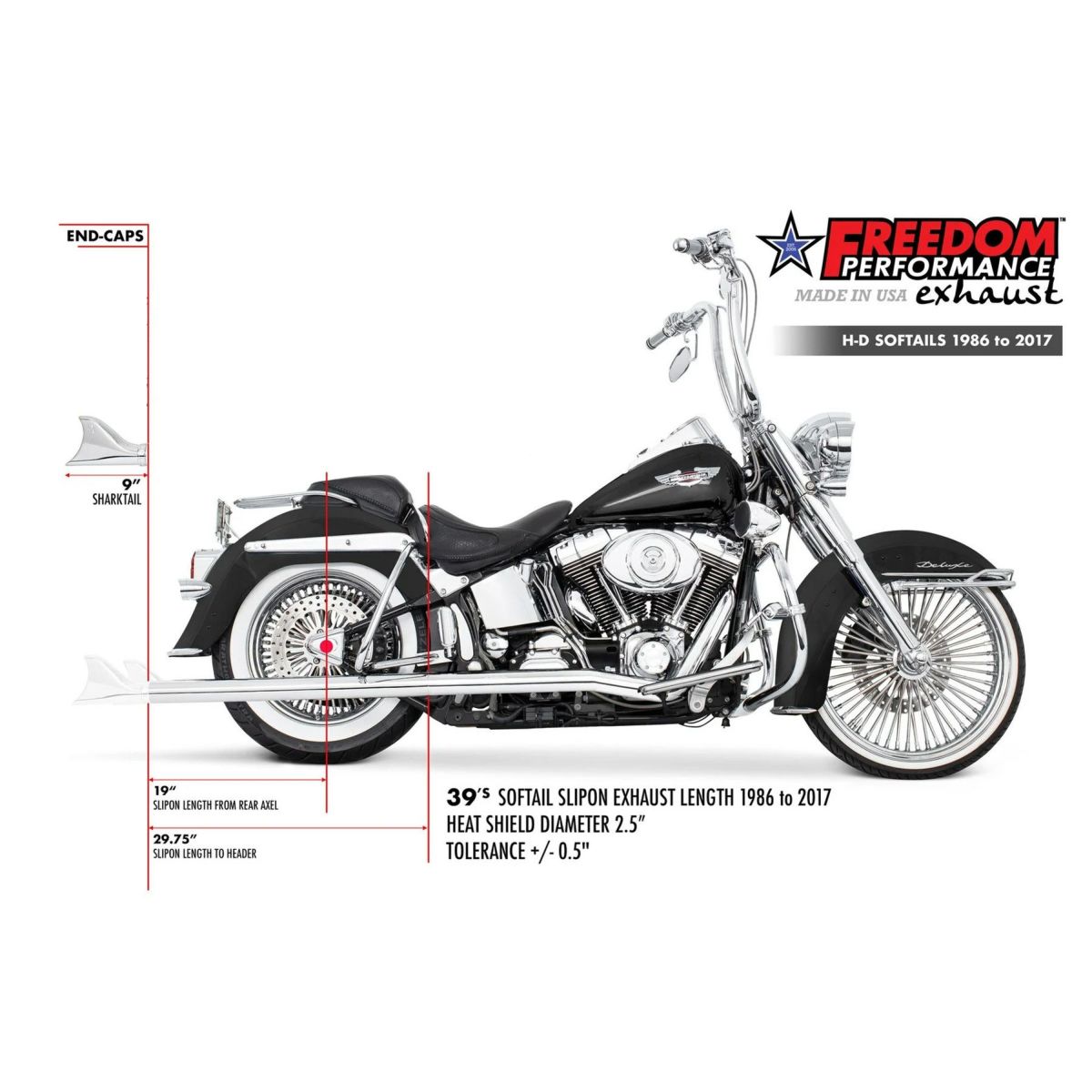 1986～2006 ソフテイル 左右両出し フィッシュテール フルエキゾーストマフラー 39インチ (クローム)1