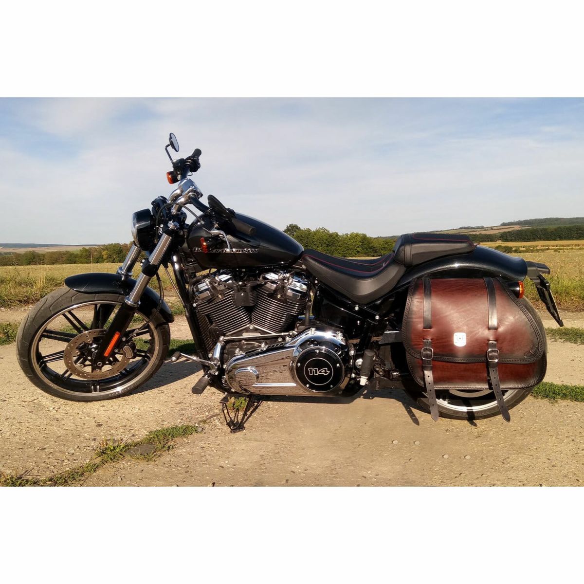 エンズクオイオ Country レザーサドルバッグ (ディストレスト・ツートーンダーク) M8ソフテイル4