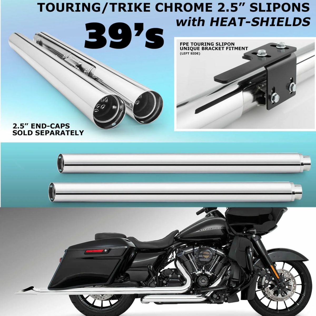 1995～2016 ツーリング 2.5インチ スリップオンマフラー 39インチ クローム フリーダムパフォーマンス