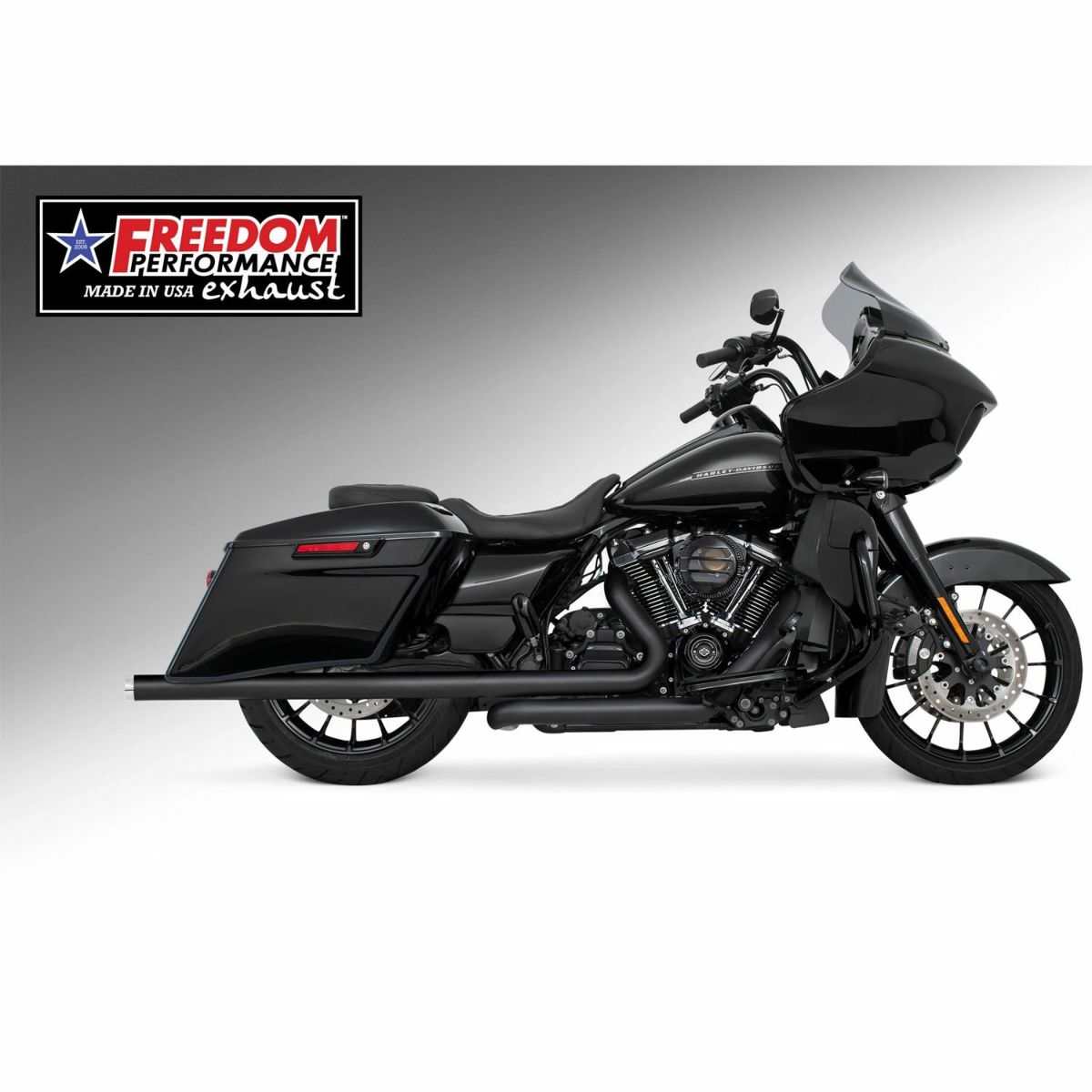 M8 ツーリング 2.5インチ径 トゥルーデュアル フルエキゾーストマフラー 39インチ ストレートエンドキャップ ブラック/クローム フリーダムパフォーマンス 2