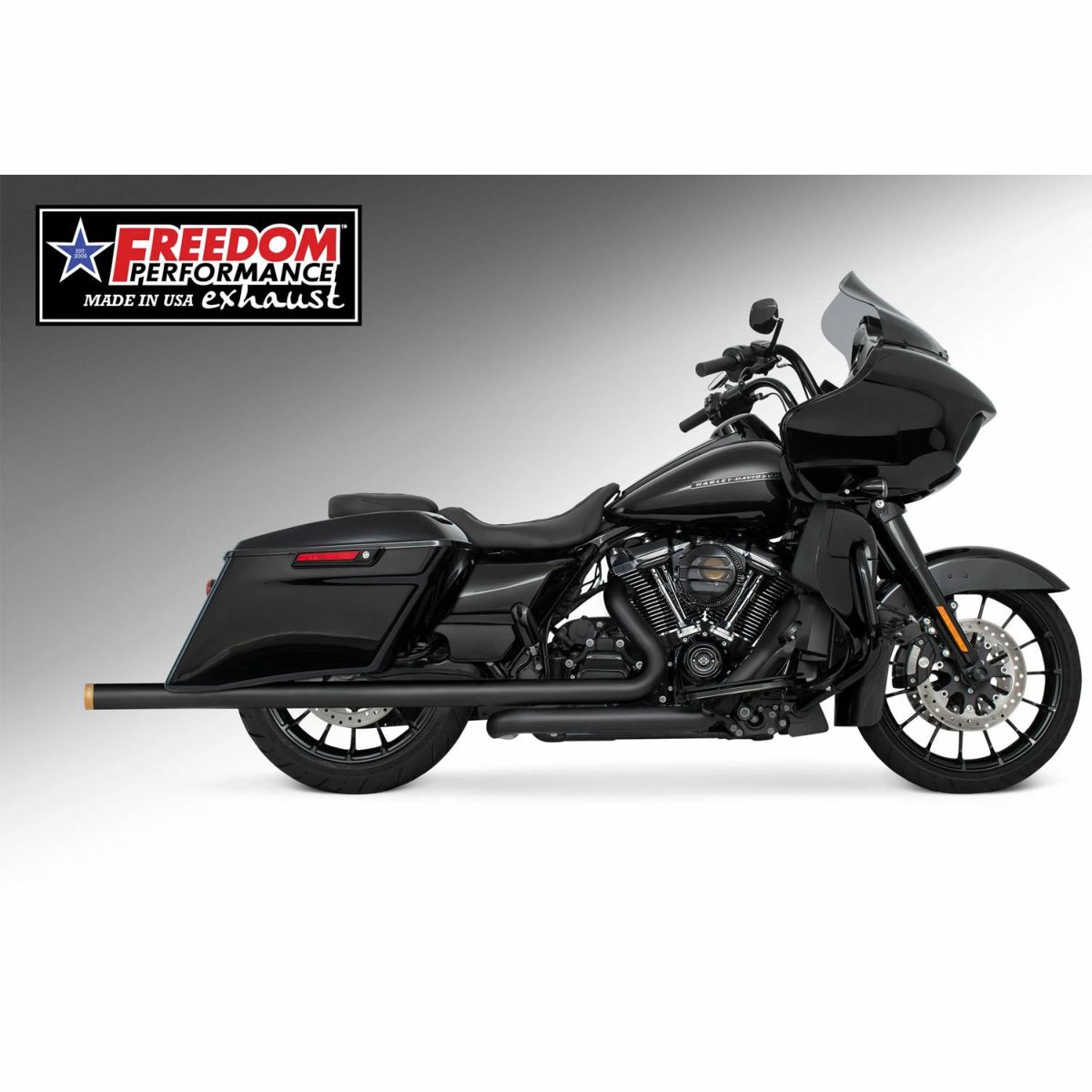 M8 ツーリング 2.5インチ径 トゥルーデュアル フルエキゾーストマフラー 42インチ ストレートエンドキャップ ブラック/ゴールド フリーダムパフォーマンス 2