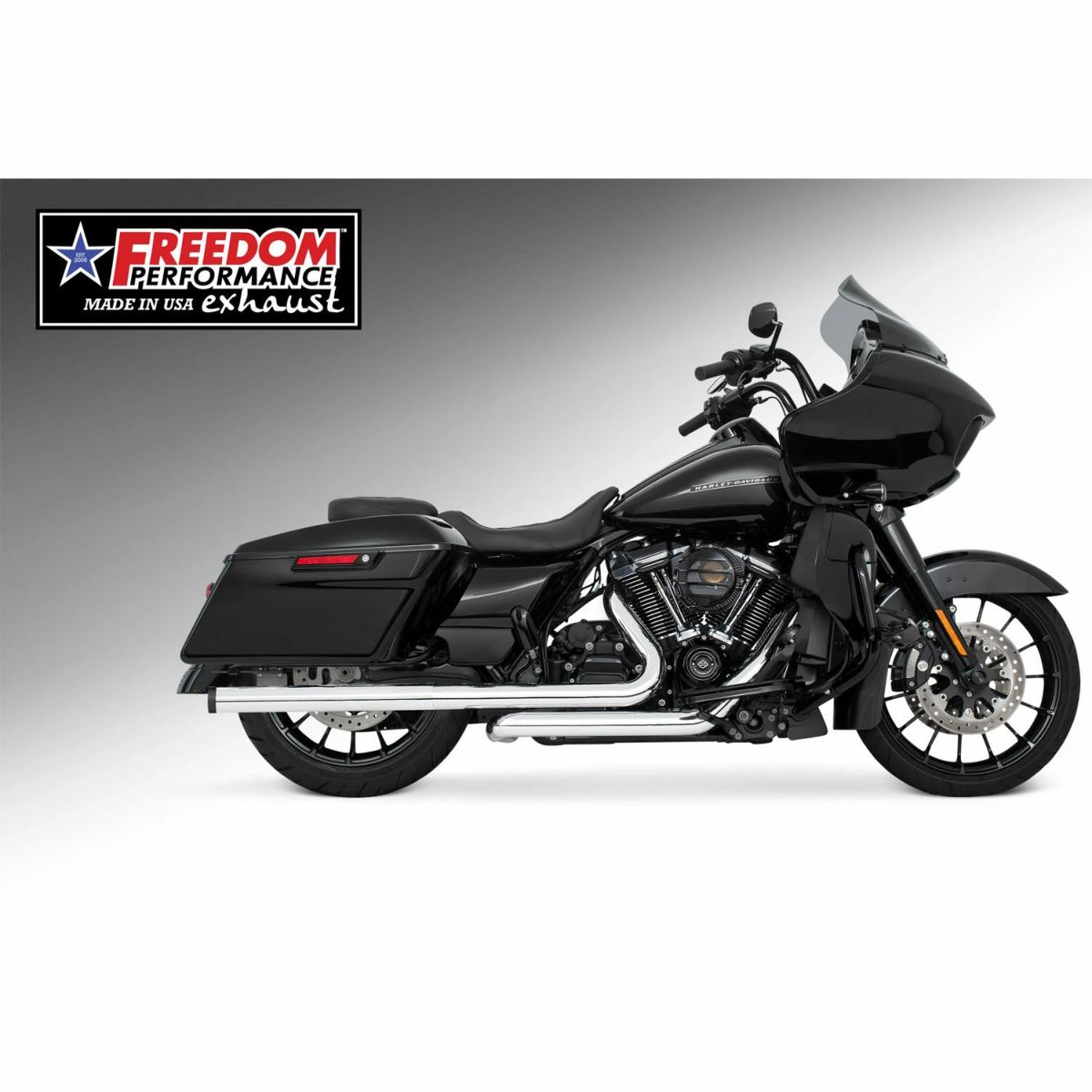 M8 ツーリング 2.5インチ径 トゥルーデュアル フルエキゾーストマフラー 33インチ ストレートエンドキャップ クローム/ブラック フリーダムパフォーマンス 2