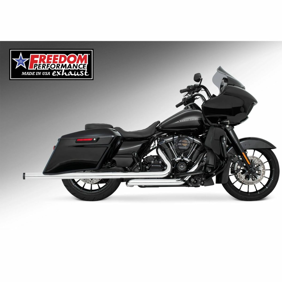 M8 ツーリング 2.5インチ径 トゥルーデュアル フルエキゾーストマフラー 42インチ ストレートエンドキャップ クローム/ブラック フリーダムパフォーマンス 2