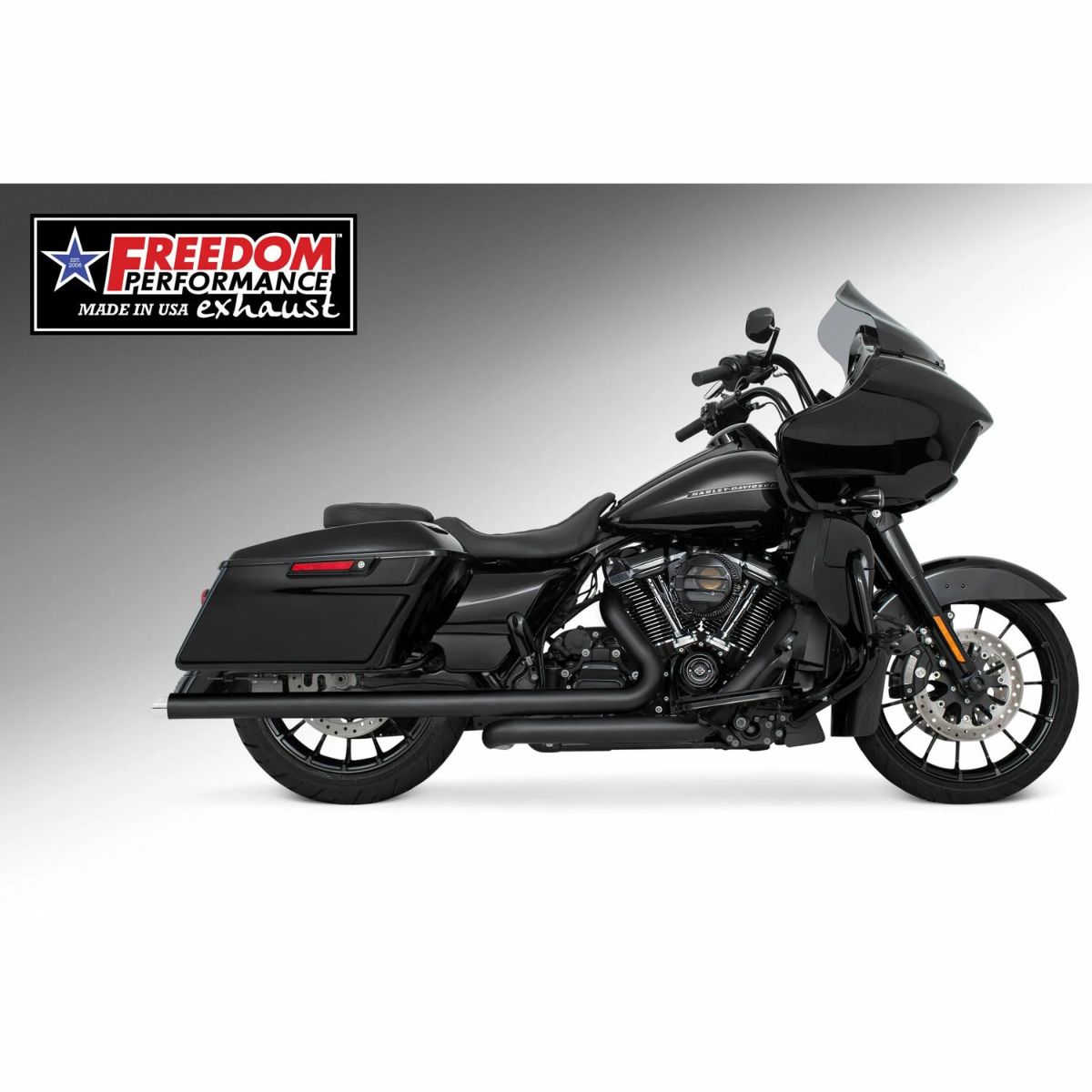 M8 ツーリング 2.5インチ径 トゥルーデュアル フルエキゾーストマフラー 36インチ スラッシュカットエンドキャップ ブラック/クローム フリーダムパフォーマンス 2