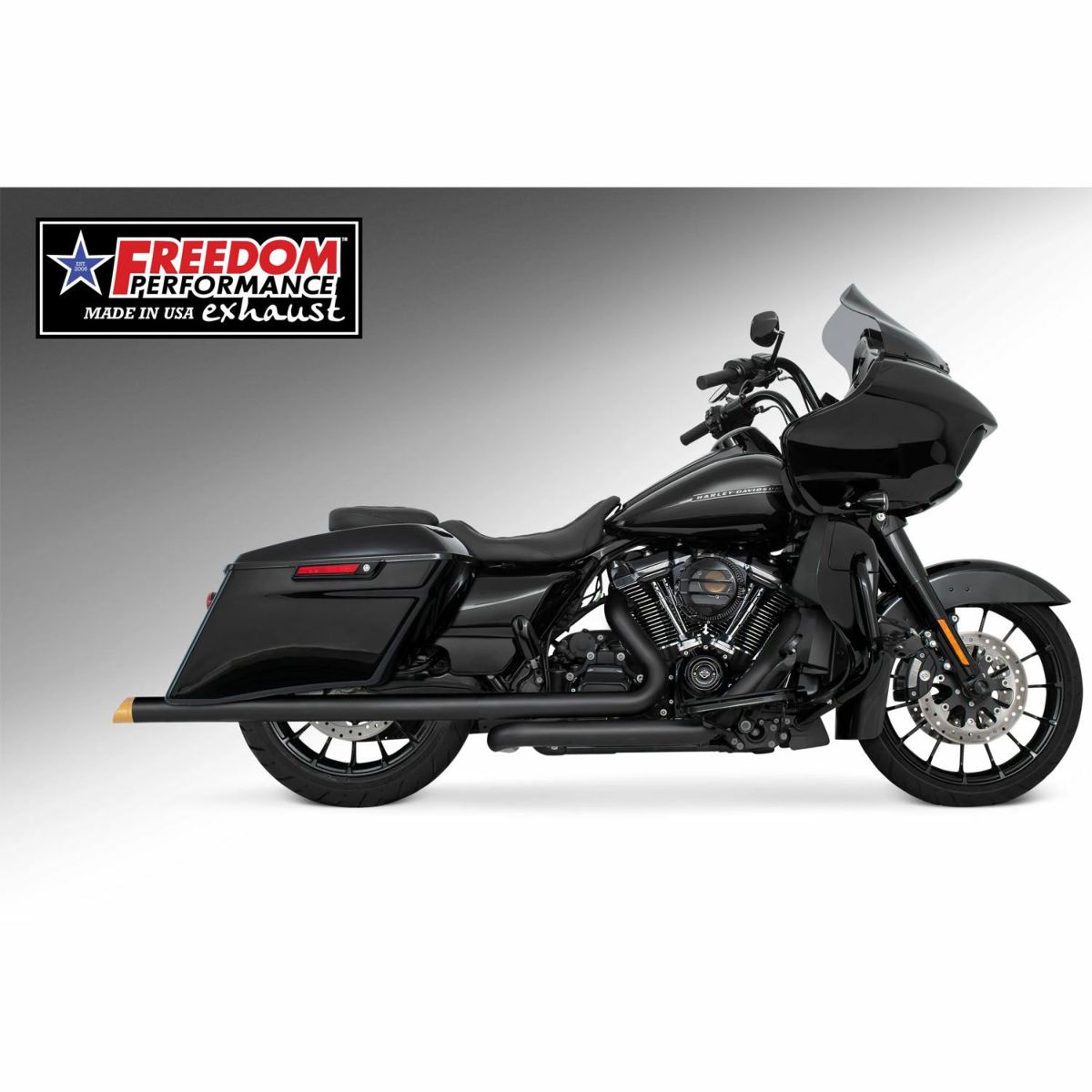 M8 ツーリング 2.5インチ径 トゥルーデュアル フルエキゾーストマフラー 39インチ スラッシュカットエンドキャップ ブラック/ゴールド フリーダムパフォーマンス 2