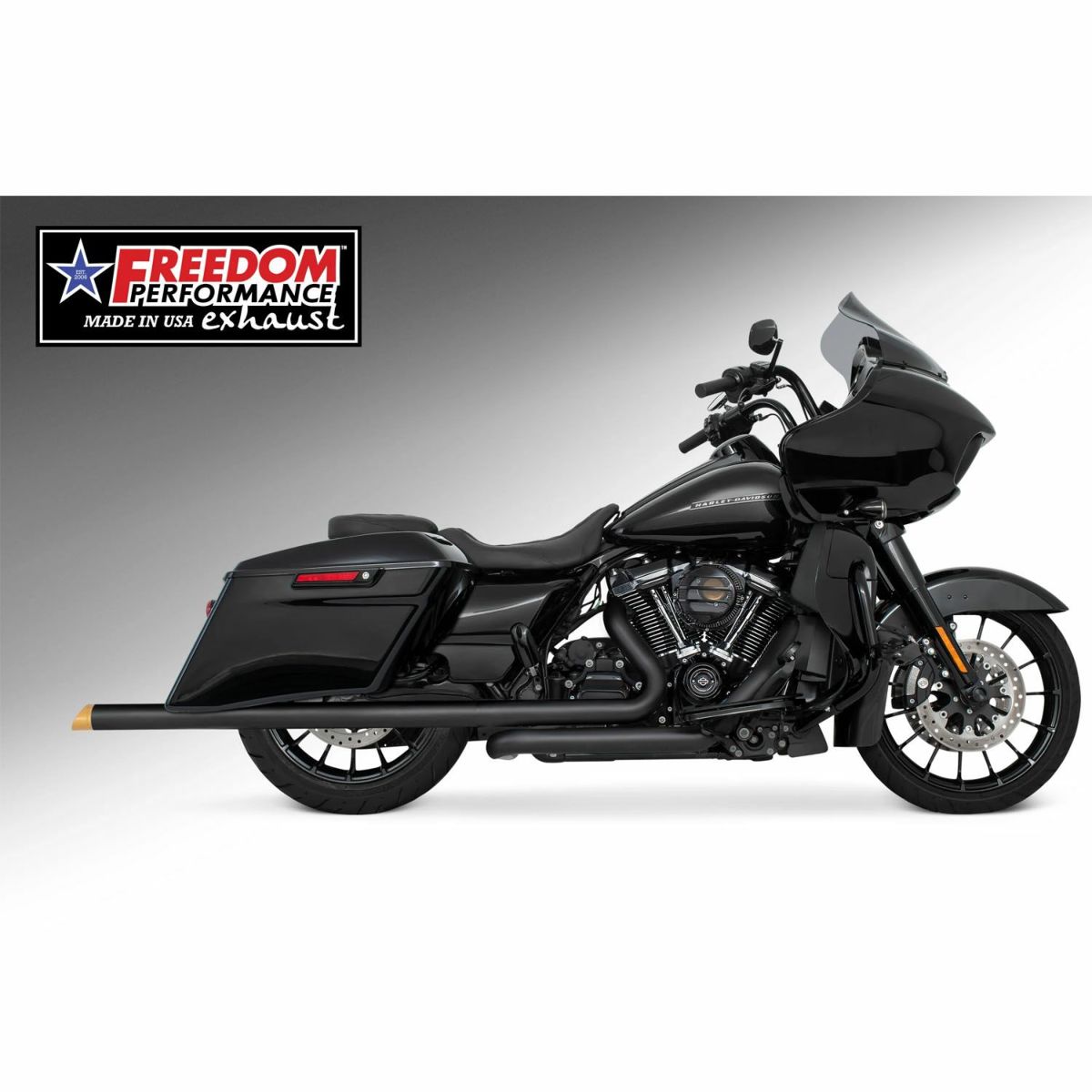 M8 ツーリング 2.5インチ径 トゥルーデュアル フルエキゾーストマフラー 42インチ スラッシュカットエンドキャップ ブラック/ゴールド フリーダムパフォーマンス 2