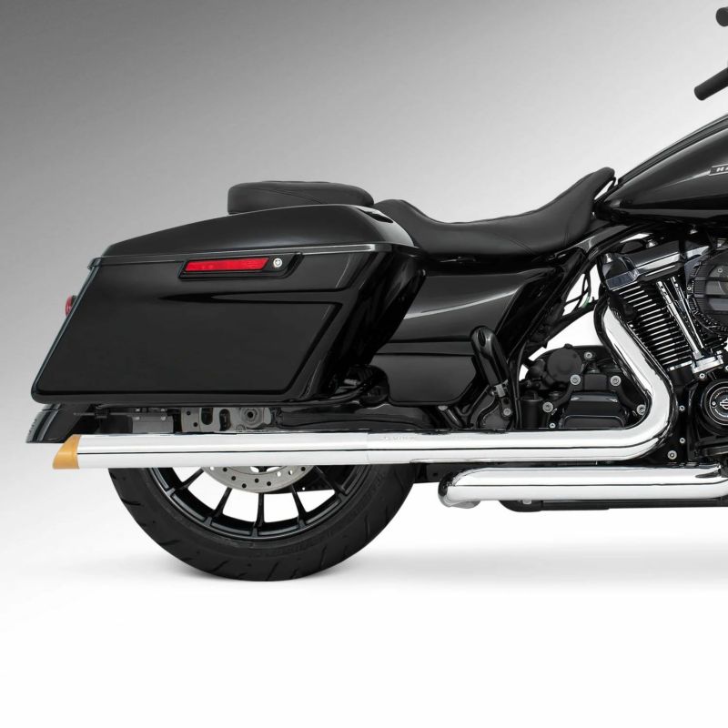 M8 ツーリング 2.5インチ径 トゥルーデュアル フルエキゾーストマフラー 33インチ スラッシュカットエンドキャップ クローム/ゴールド フリーダムパフォーマンス