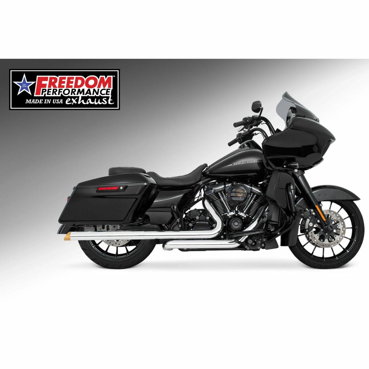 M8 ツーリング 2.5インチ径 トゥルーデュアル フルエキゾーストマフラー 33インチ スラッシュカットエンドキャップ クローム/ゴールド フリーダムパフォーマンス 2