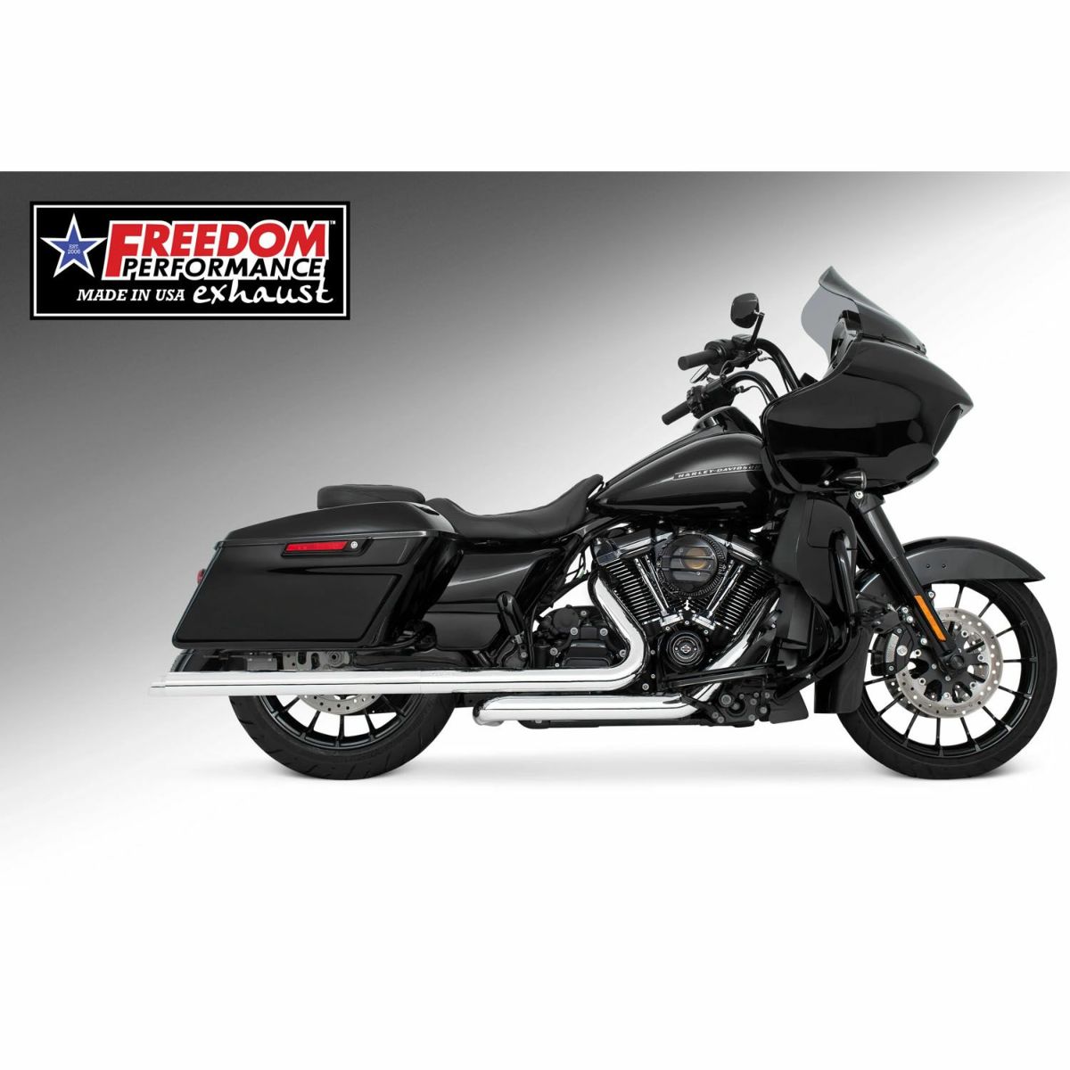 M8 ツーリング 2.5インチ径 トゥルーデュアル フルエキゾーストマフラー 36インチ スラッシュカットエンドキャップ クローム/クローム フリーダムパフォーマンス 2