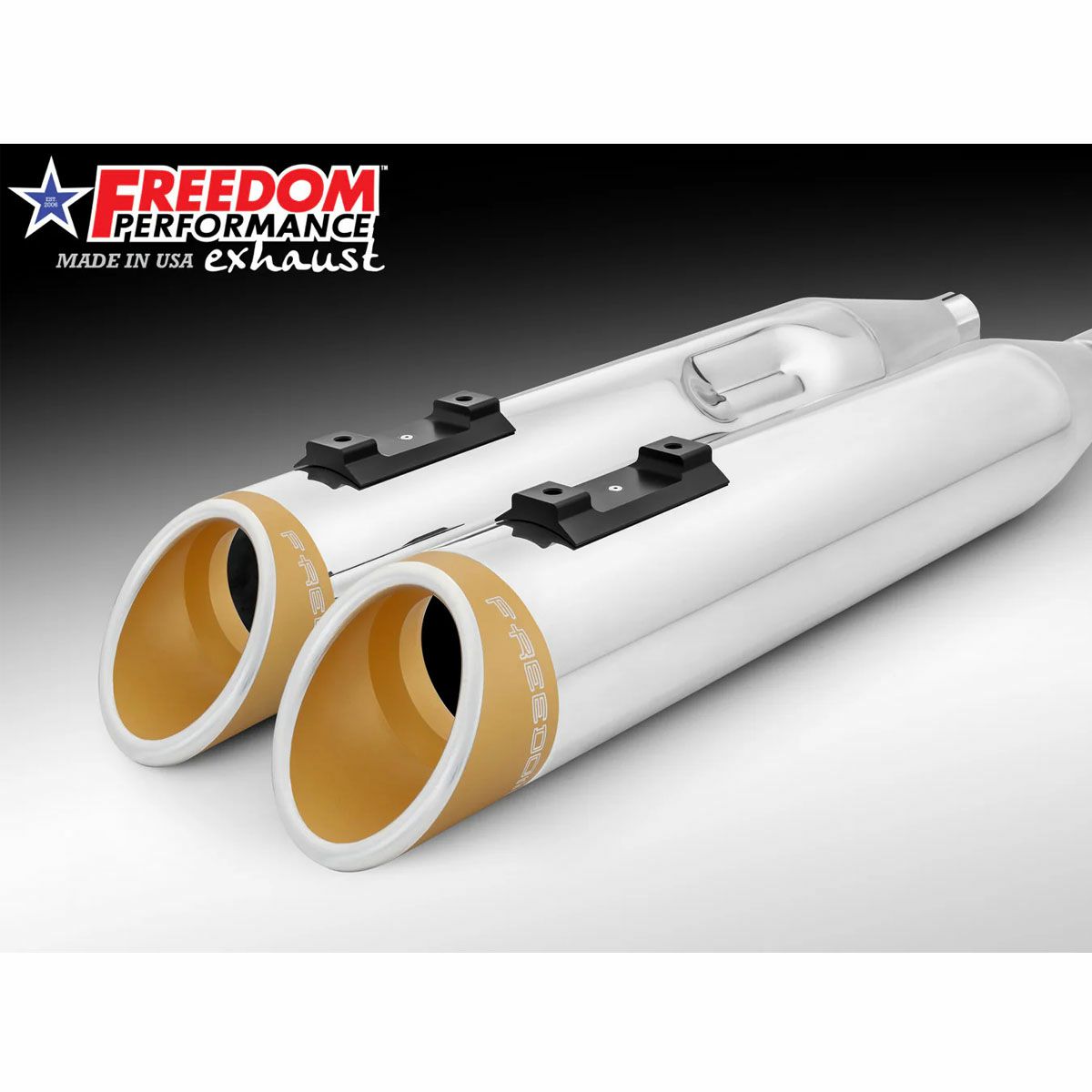 1995～2016 ツーリング スラッシュ RAPTOR スリップオンマフラー 4.5インチ クローム/ゴールドコントラスト フリーダムパフォーマンス