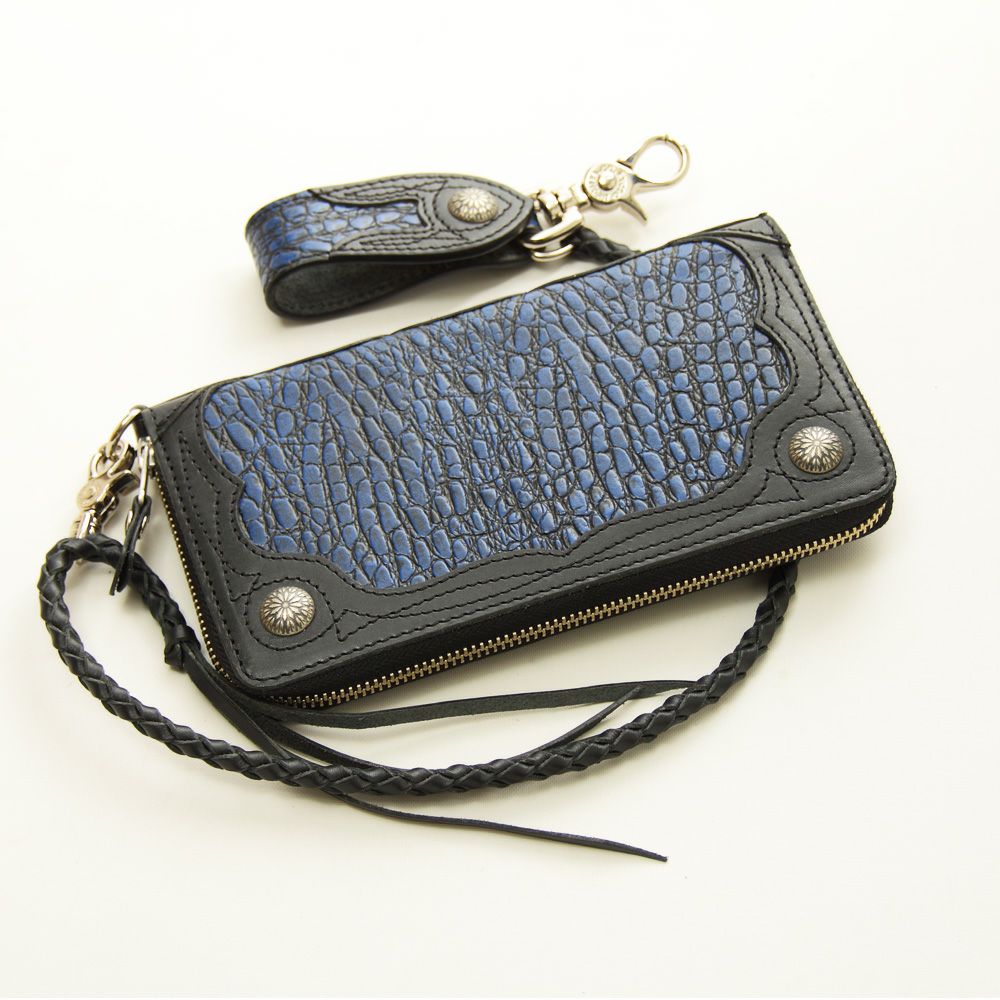 DEGNER クロコダイルエンボスレザー　ジップウォレット　ブルー-01