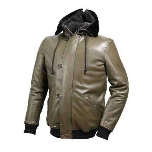 デグナー フード付シープレザージャケット アーミーグリーン Lサイズ-01