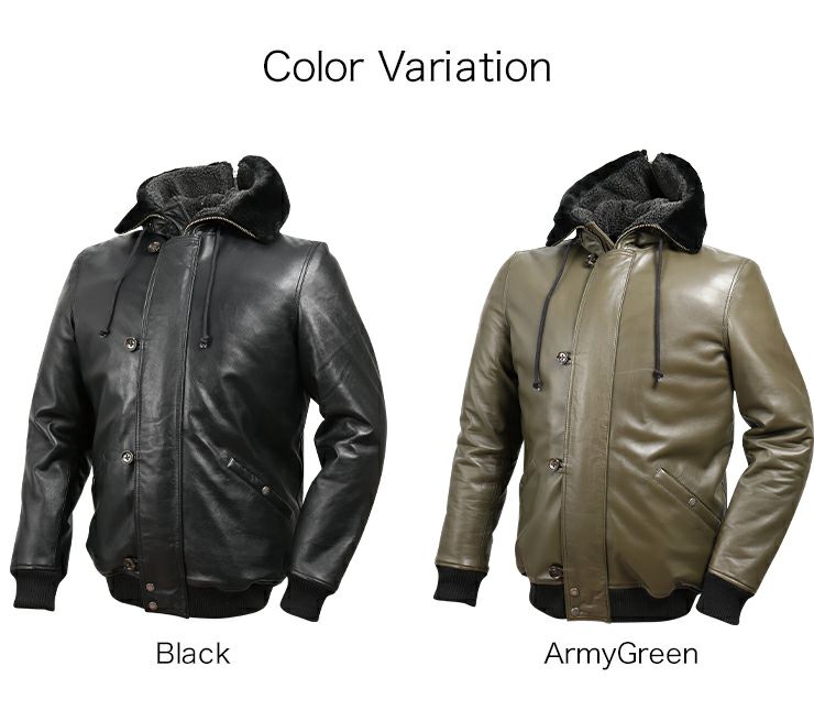 デグナー フード付シープレザージャケット アーミーグリーン Lサイズ-03