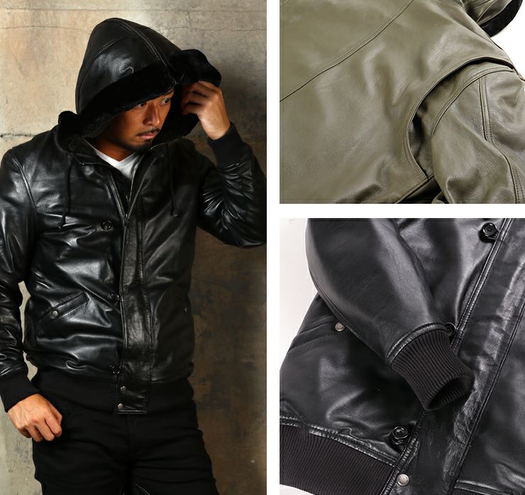 デグナー フード付シープレザージャケット アーミーグリーン Lサイズ-09