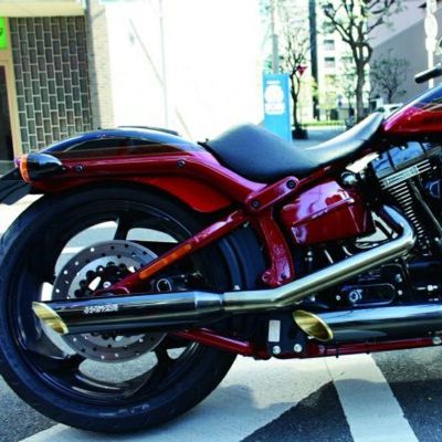 M8ソフテイル用スリップオンマフラー ベビー 76 スラッシュ 黒/金 モーターステージ
